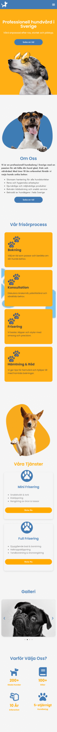 Collage som visar SwedPaws professionella hundvårdstjänster, inklusive glada hundar och tjänstebeskrivningar.