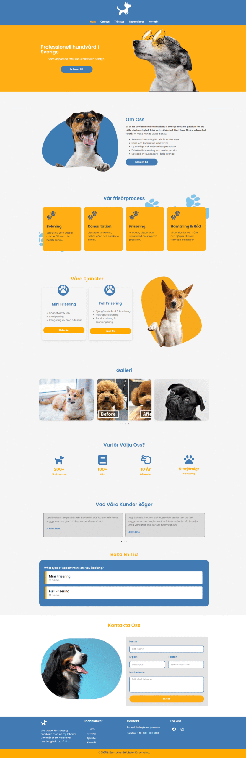 Hundvårdswebbplats för SwedPaws med hundar, vårdprocessen och kontaktinformation.