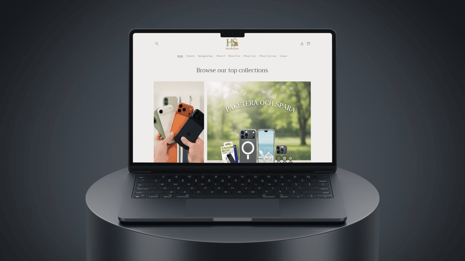 Laptop som visar en modern webbutik för mobiltillbehör med naturnära bilder och kategorier för iPhone-produkter.