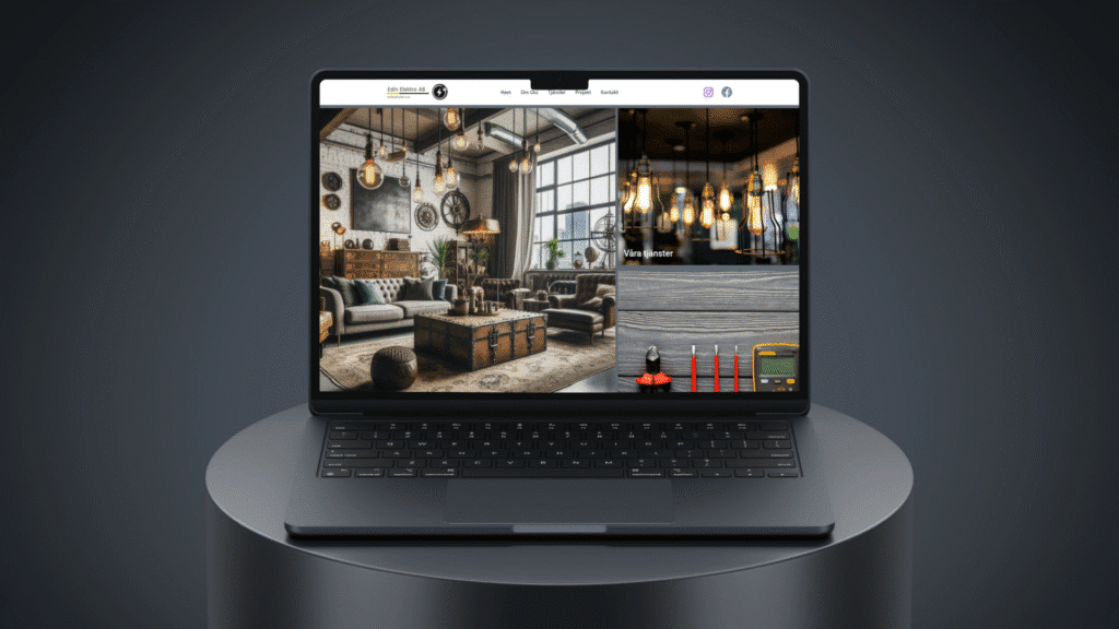 Hemsida för Edin Elektro AB visas på en laptop med bilder på industriell belysning, elverktyg och tjänster i Höganäs.