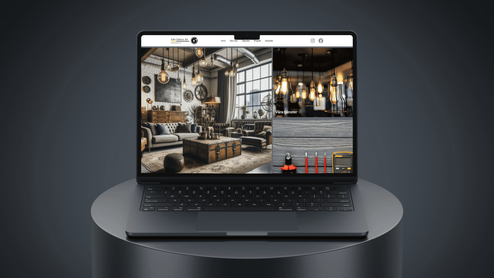 Hemsida för Edin Elektro AB visas på en laptop med bilder på industriell belysning, elverktyg och tjänster i Höganäs.