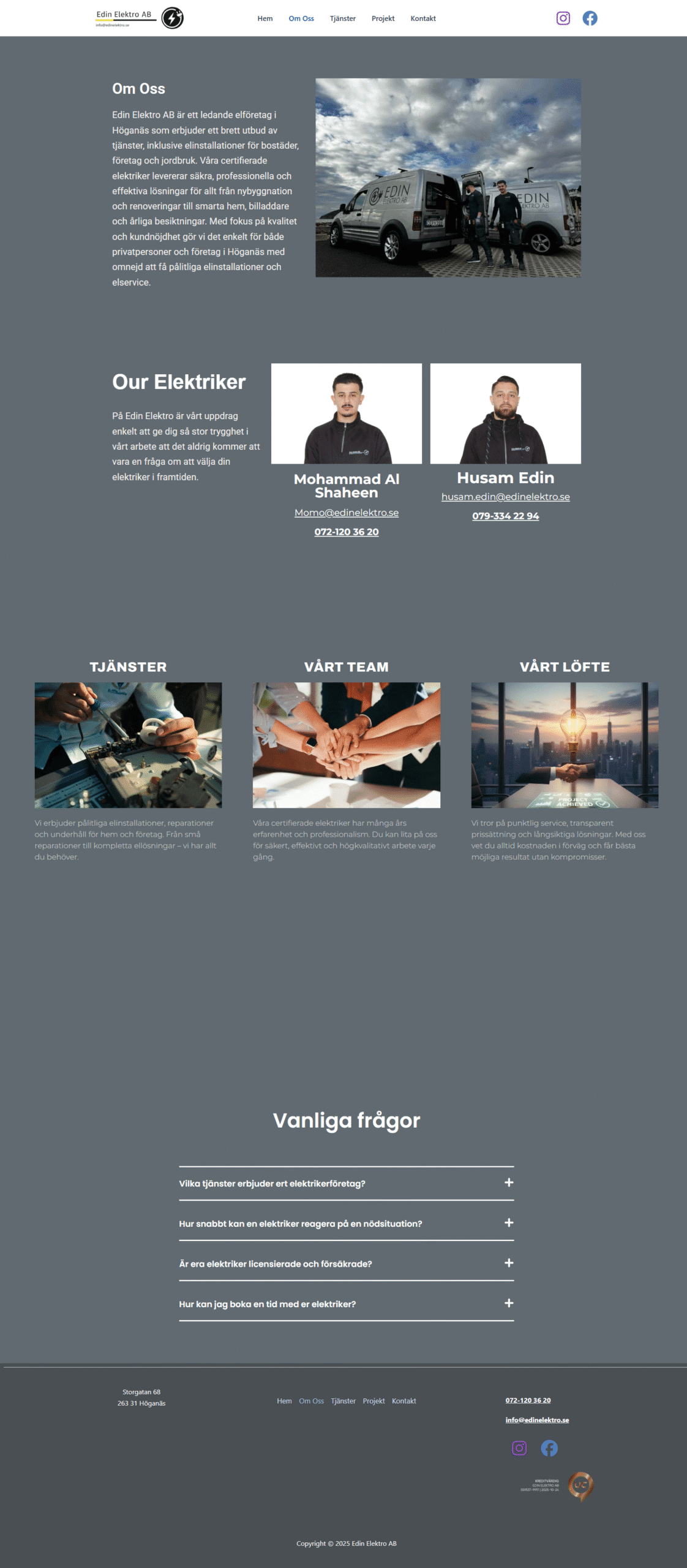 Kontaktformulär för Edin Elektro AB med adress på Storgatan 68 i Höganäs, karta och kontaktuppgifter för elföretaget.
