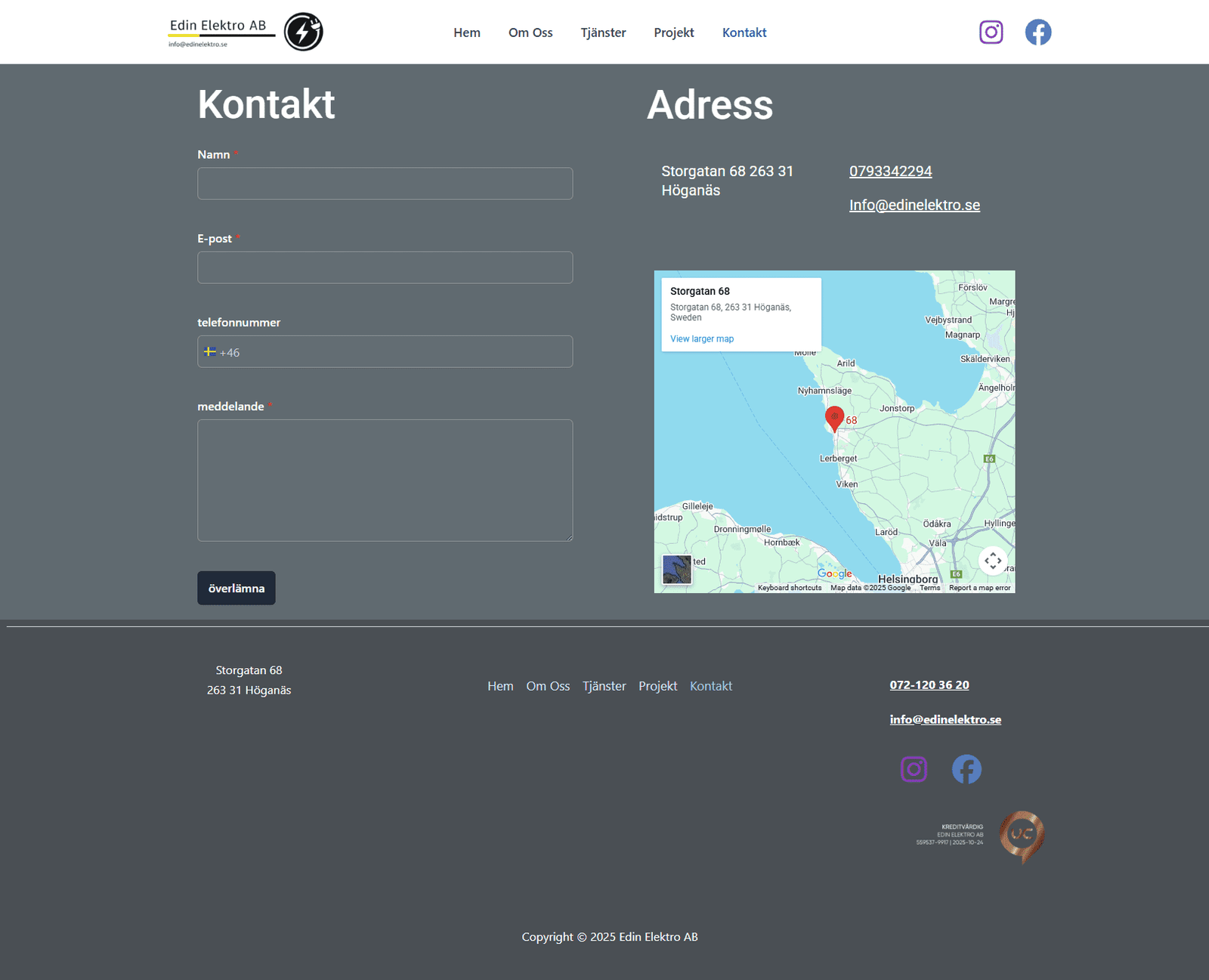 Kontaktsida för Edin Elektro i Höganäs med ett formulär, karta över området och företagets adressuppgifter.