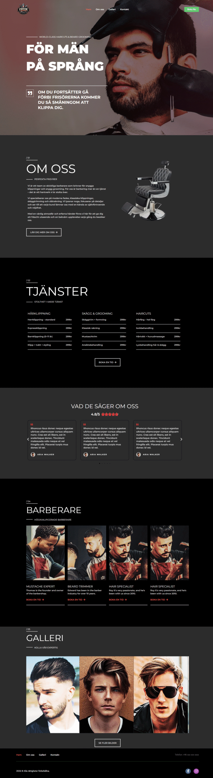 Frisör barbershop-webbplats som visar en barberare med skägg, en klassisk barberarstol och herrfrisyrer.