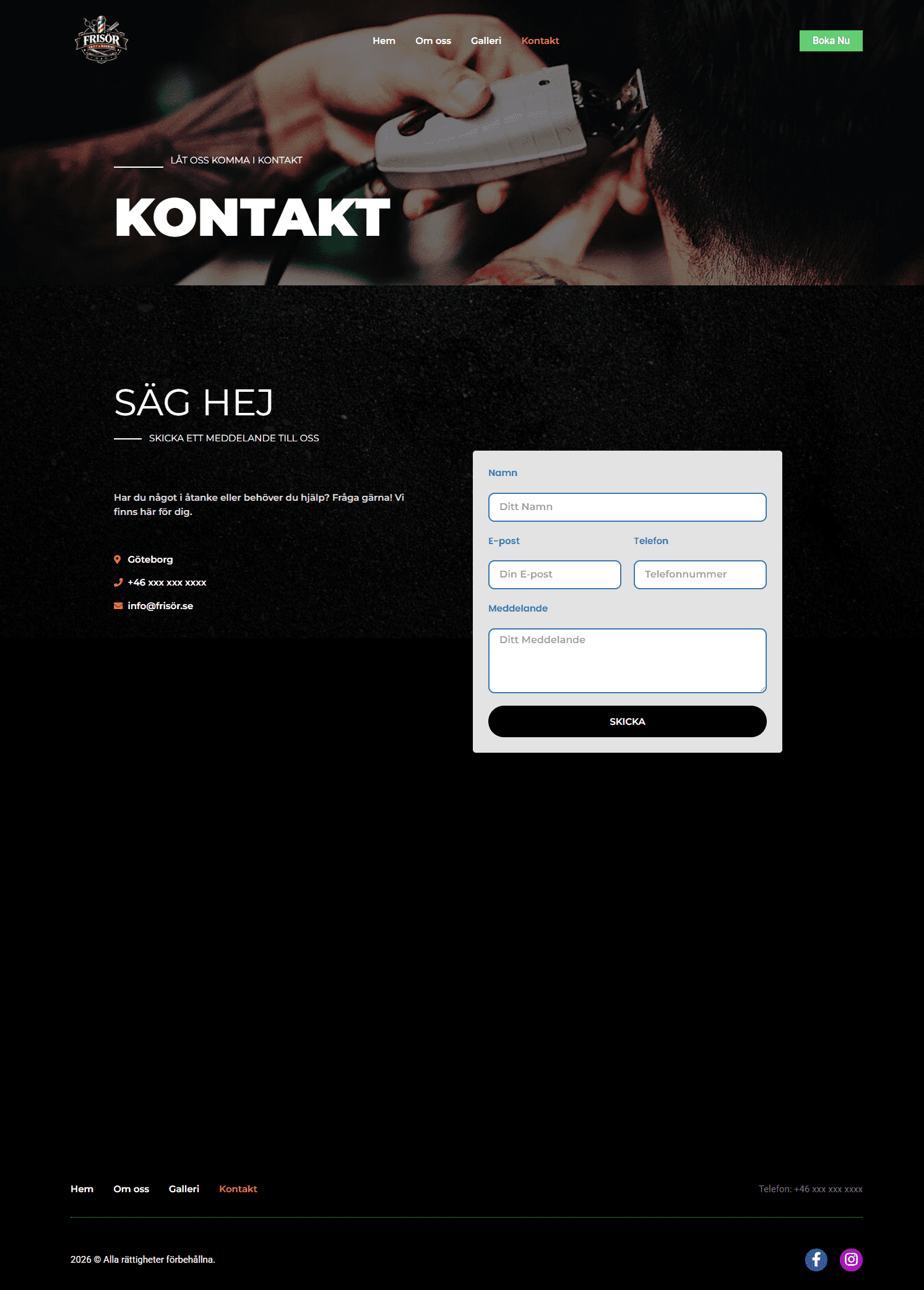 kontaktsida på en webbplats för en barberare i Göteborg