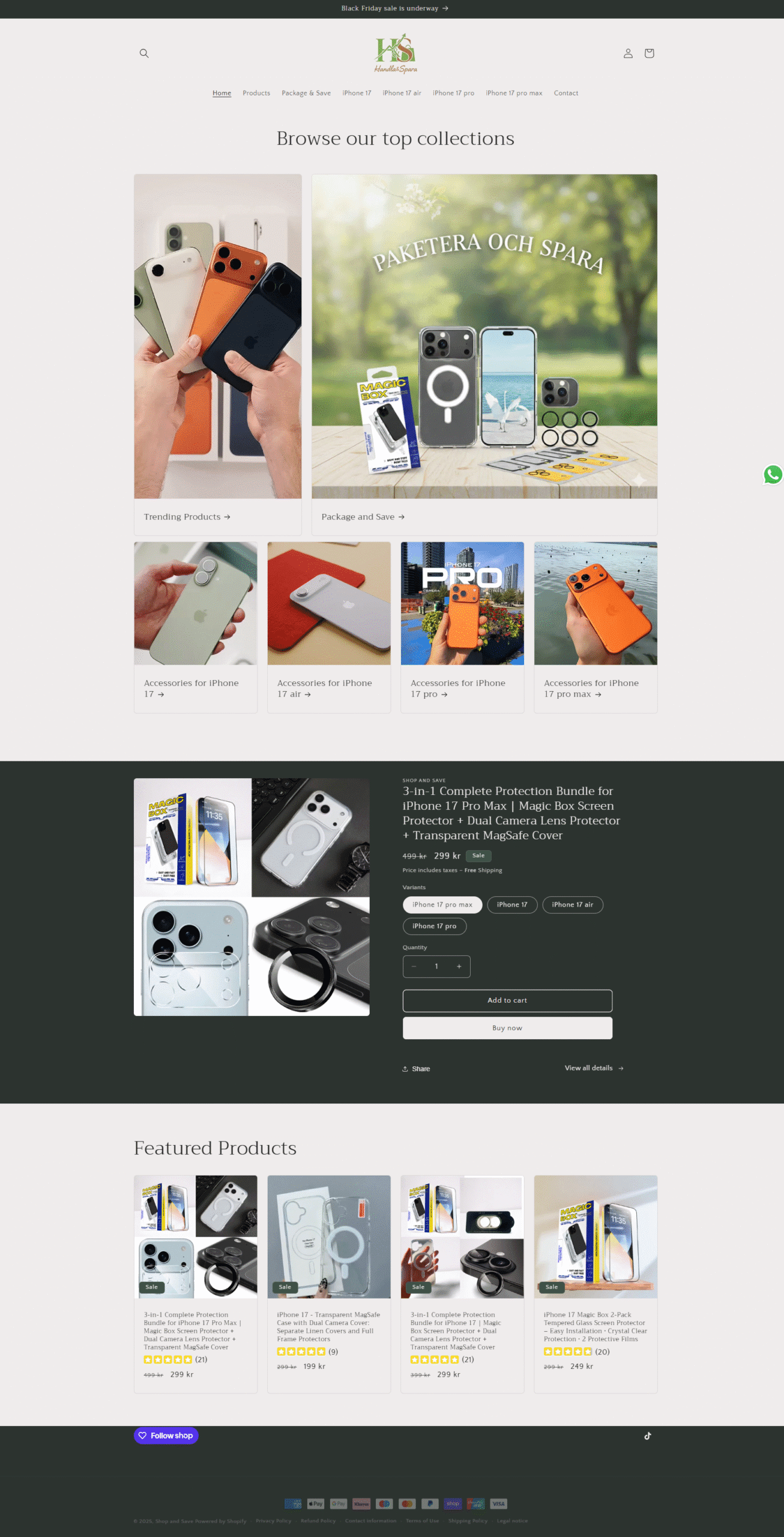 Webbplatslayout för e-handel som visar kollektioner av iPhone-tillbehör, paketförslag och utvalda produktrecensioner.