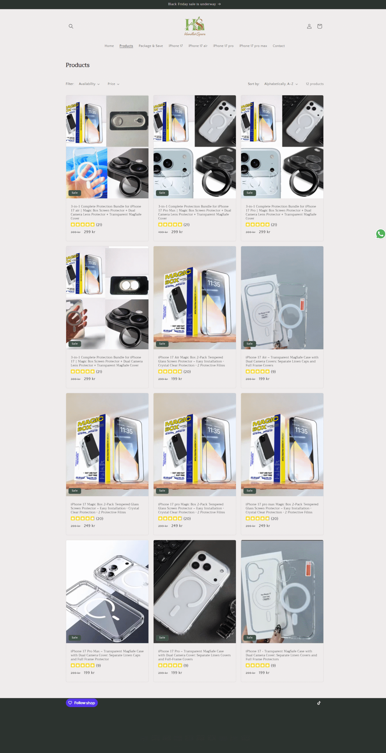 Startsida för e-handel med fokus på iPhone-tillbehör, kampanjer som Paketera och Spara samt utvalda toppprodukter.