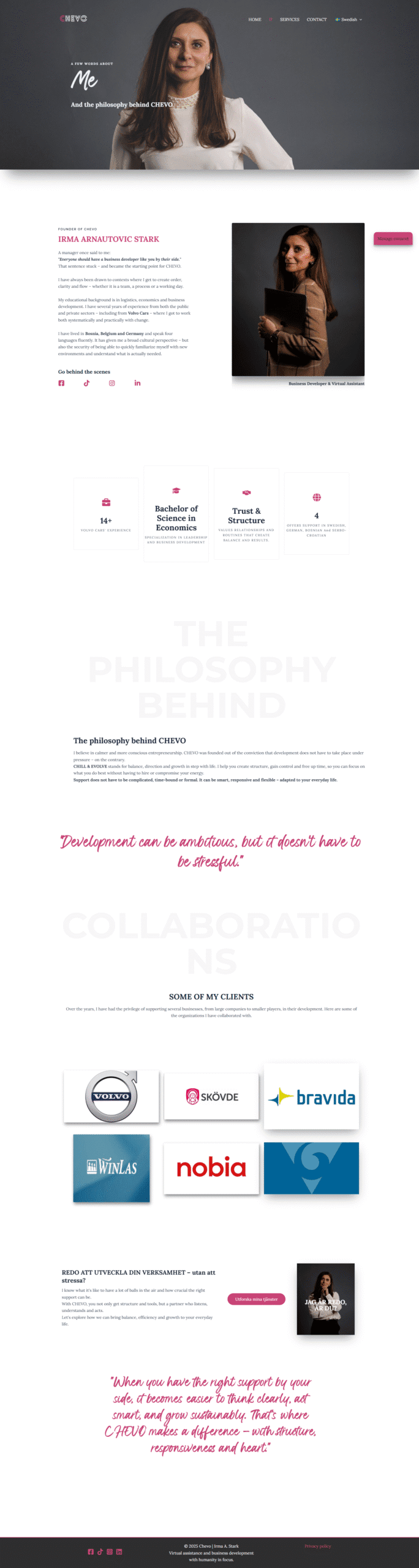 Irma A. Stark, grundare av CHEVO, i en professionell porträttbild mot en mjuk grå bakgrund.