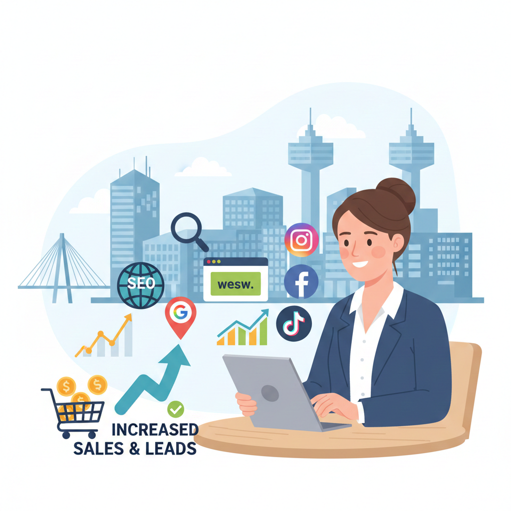 Hem 13 En platt illustration av en affärsperson som arbetar på en surfplatta, omgiven av ikoner som representerar SEO, sociala medieplattformar, analysdiagram och en kundvagn med pengar, vilket symboliserar affärstillväxt och ökad försäljning.