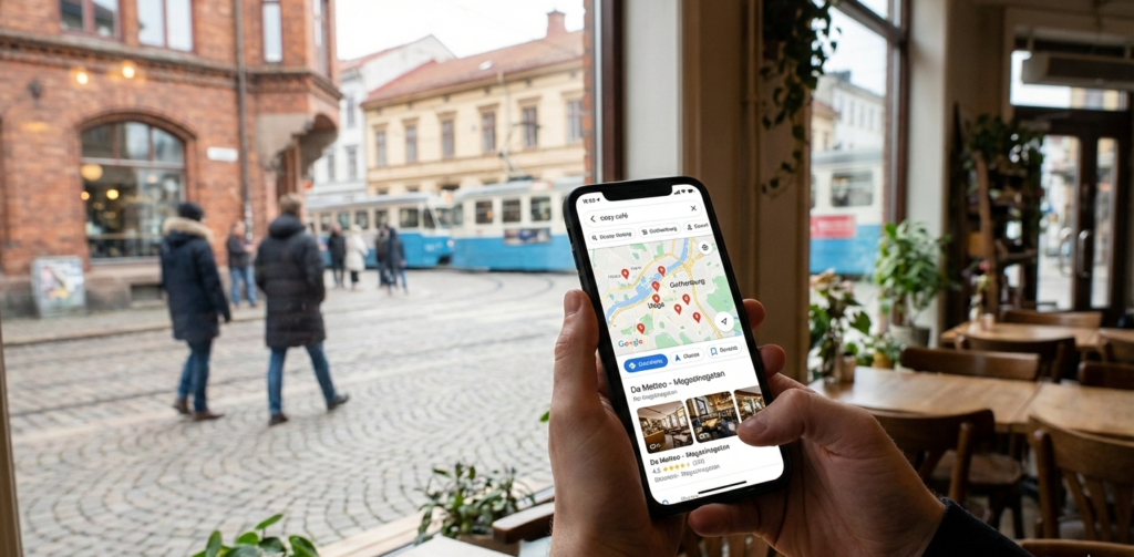 en person som söker efter kakföretag nära sig